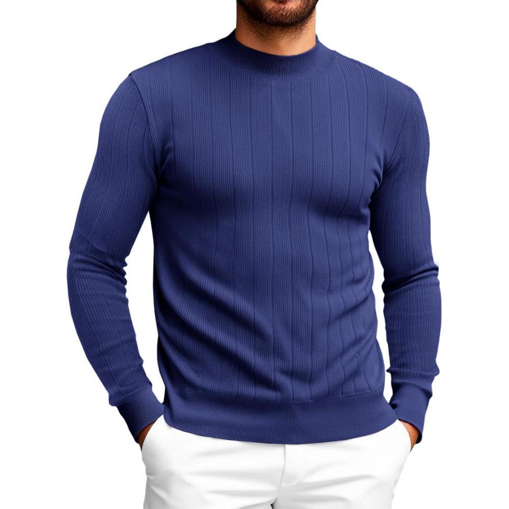 imageRuncati Mens Mock Turtleneck Sweater Slim Fit Casual Ribbed Knitted Pullover Fall Winter Basic Warm SweatersNavy