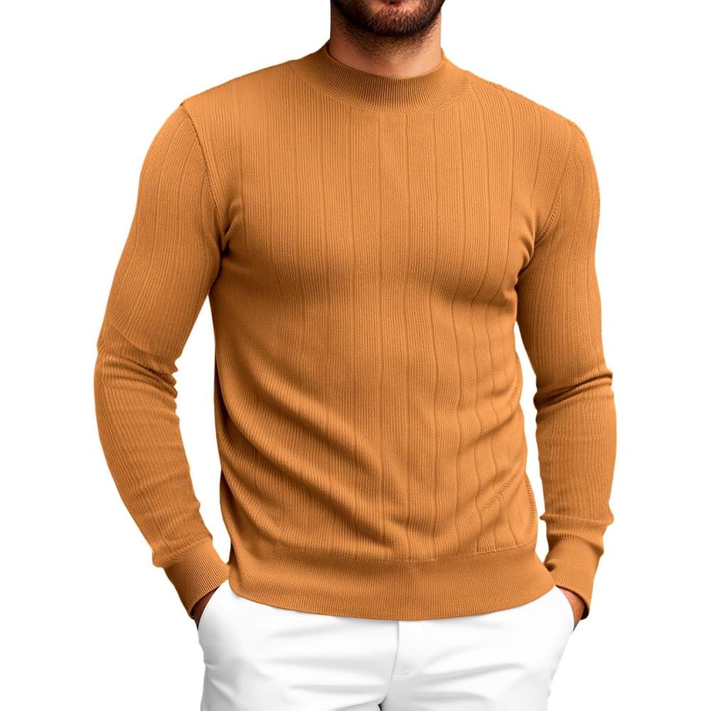 imageRuncati Mens Mock Turtleneck Sweater Slim Fit Casual Ribbed Knitted Pullover Fall Winter Basic Warm SweatersRed Brown