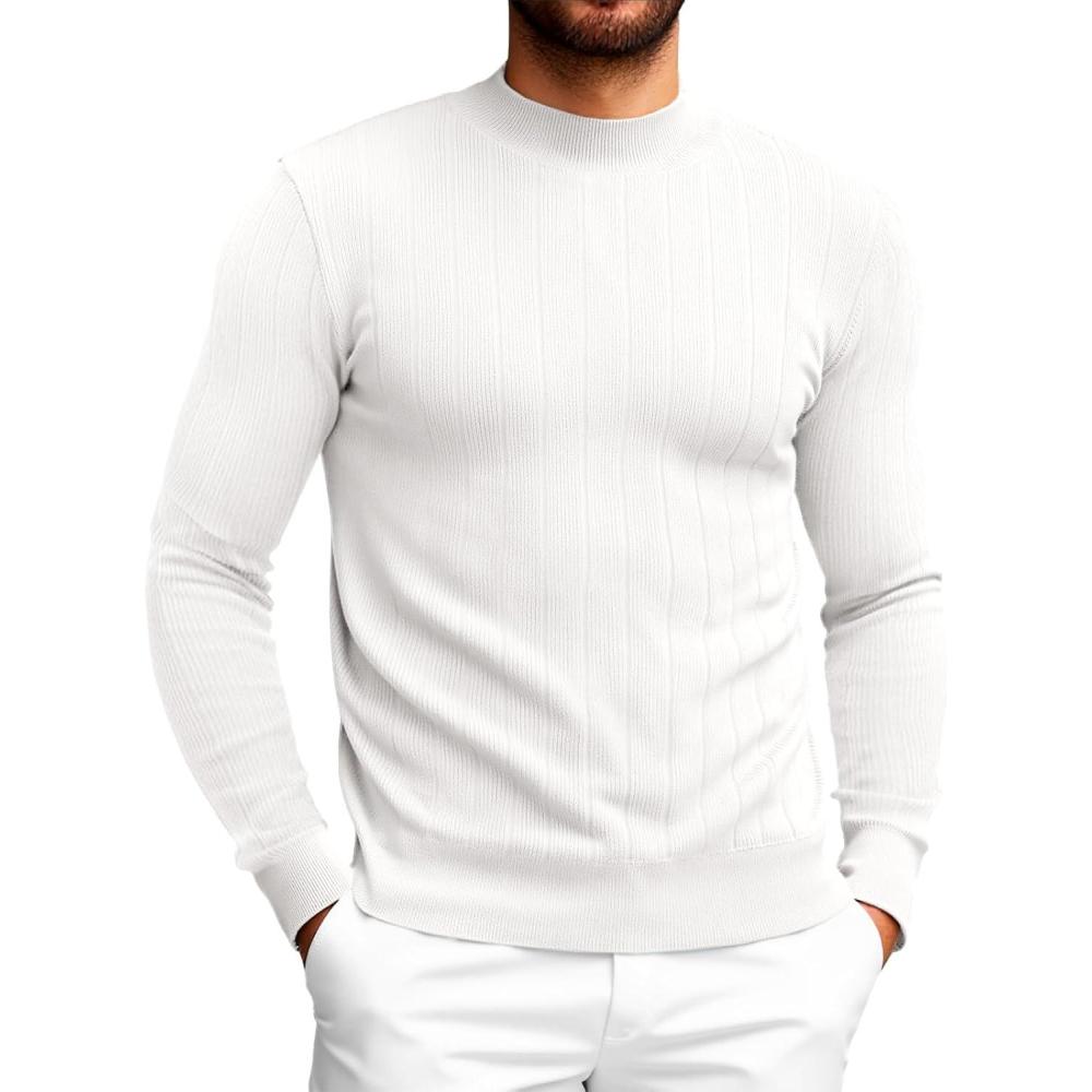 imageRuncati Mens Mock Turtleneck Sweater Slim Fit Casual Ribbed Knitted Pullover Fall Winter Basic Warm SweatersWhite