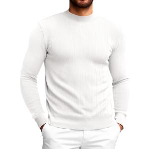 Runcati Mens Mock Turtleneck Sweater Slim Fit Casual Ribbed Knitted Pullover Fall Winter Basic Warm Sweaters(White)