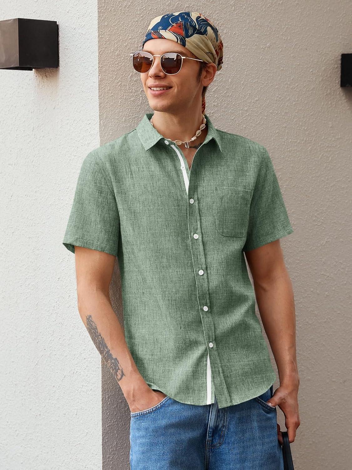 imageRuncati Mens Linen Button Down Shirts Casual Short Sleeve Shirt Summer Beach Wedding Tops with PocketArmy Green
