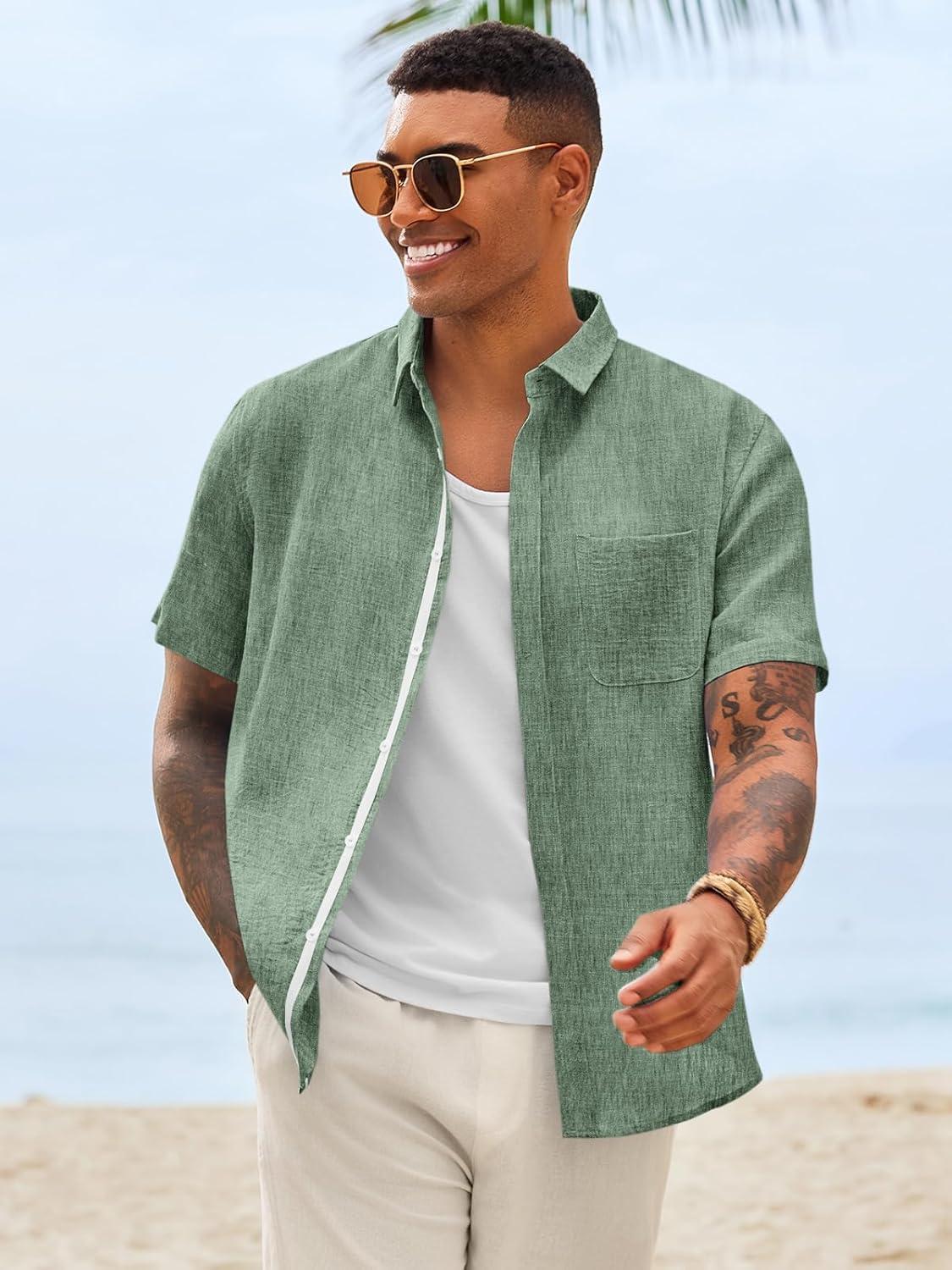 imageRuncati Mens Linen Button Down Shirts Casual Short Sleeve Shirt Summer Beach Wedding Tops with PocketArmy Green