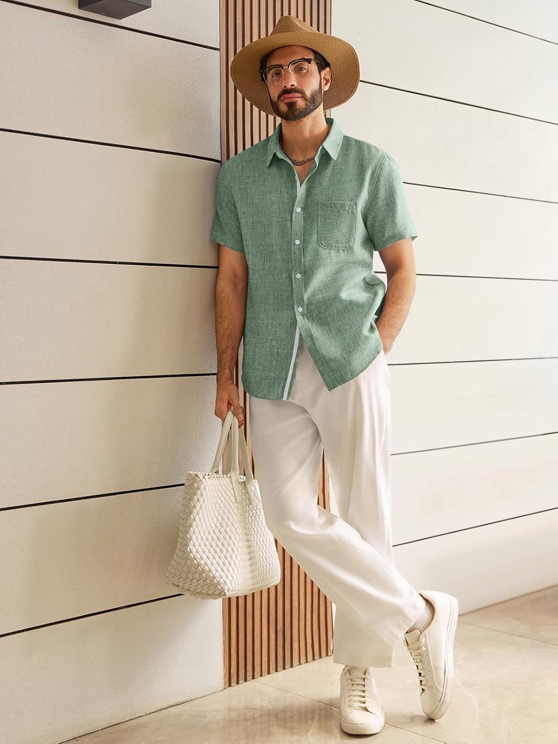 imageRuncati Mens Linen Button Down Shirts Casual Short Sleeve Shirt Summer Beach Wedding Tops with PocketArmy Green