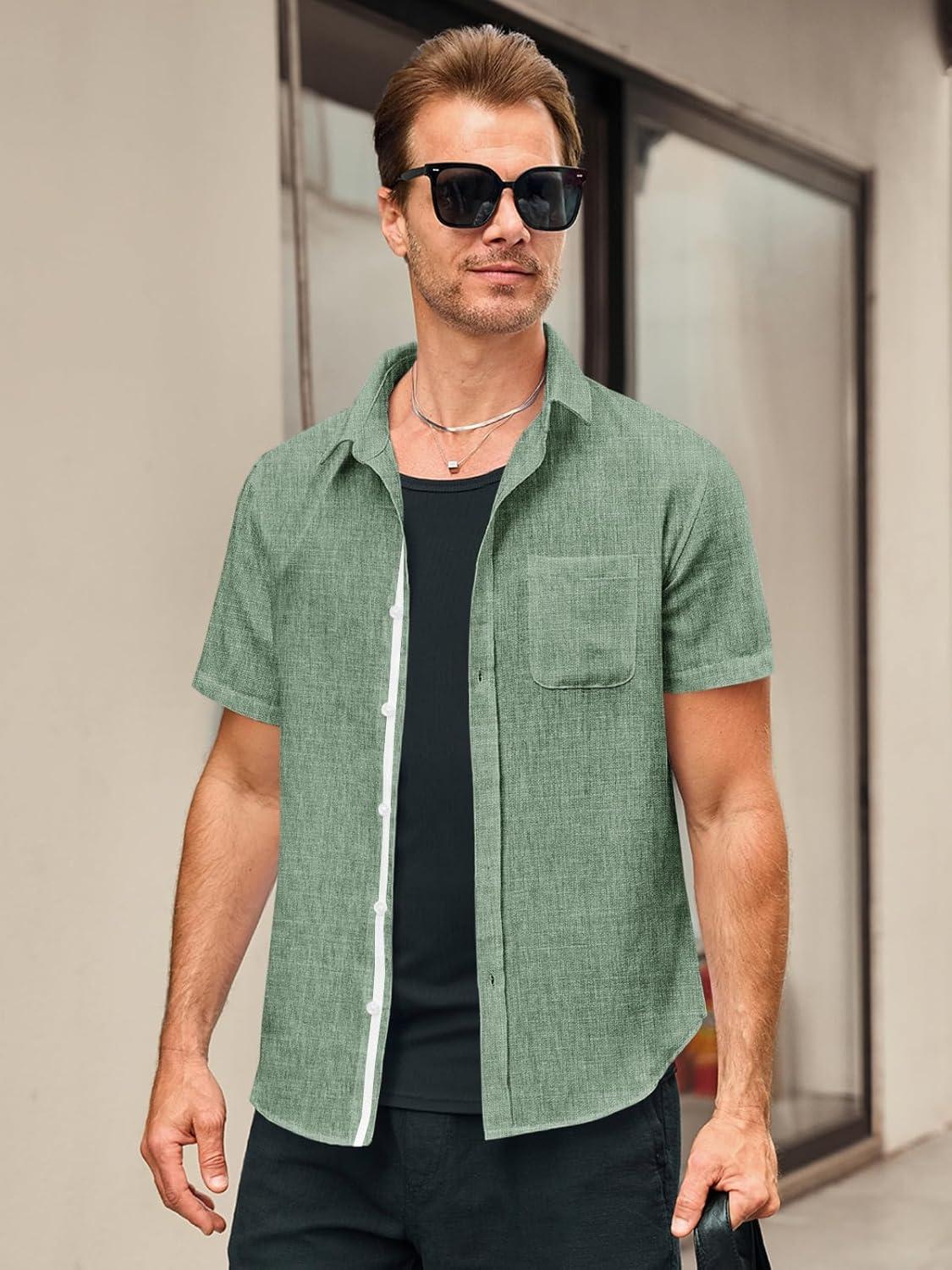 imageRuncati Mens Linen Button Down Shirts Casual Short Sleeve Shirt Summer Beach Wedding Tops with PocketArmy Green