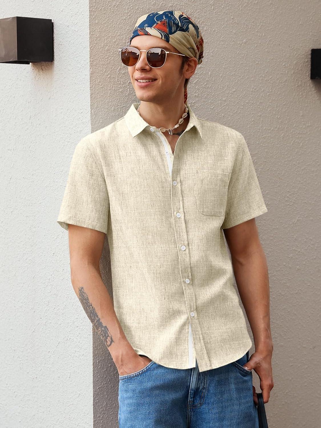 imageRuncati Mens Linen Button Down Shirts Casual Short Sleeve Shirt Summer Beach Wedding Tops with PocketBeige