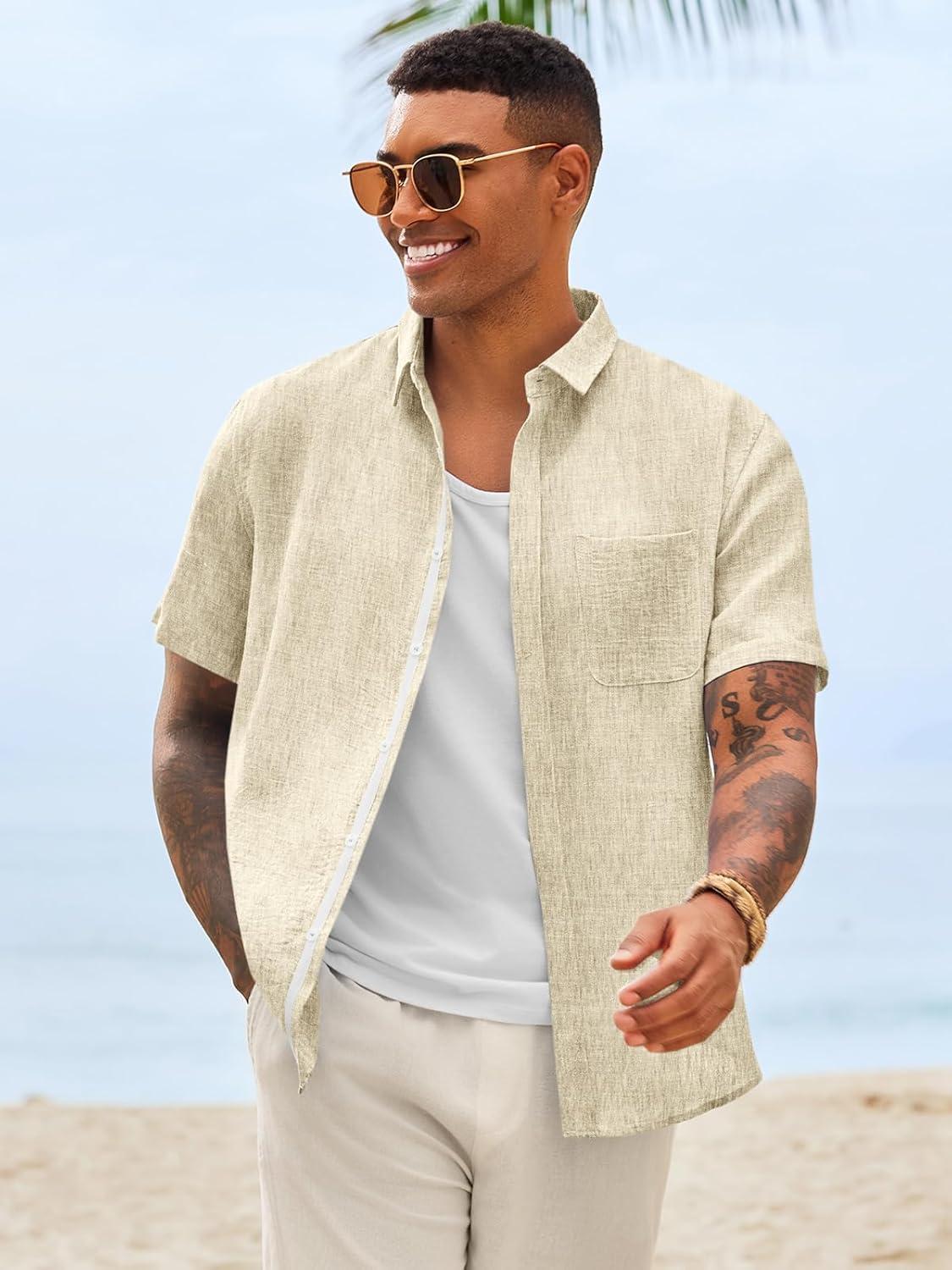 imageRuncati Mens Linen Button Down Shirts Casual Short Sleeve Shirt Summer Beach Wedding Tops with PocketBeige