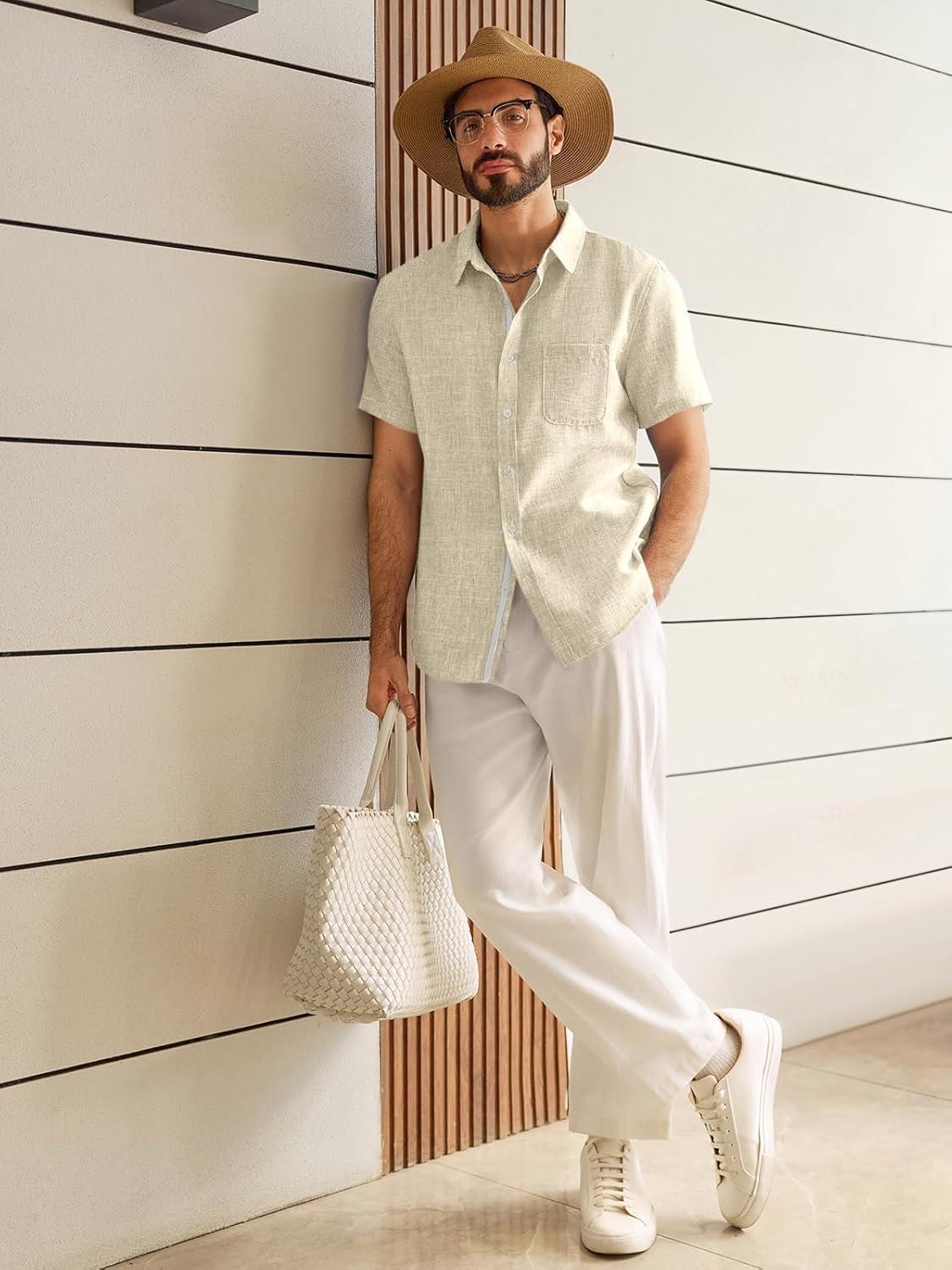 imageRuncati Mens Linen Button Down Shirts Casual Short Sleeve Shirt Summer Beach Wedding Tops with PocketBeige