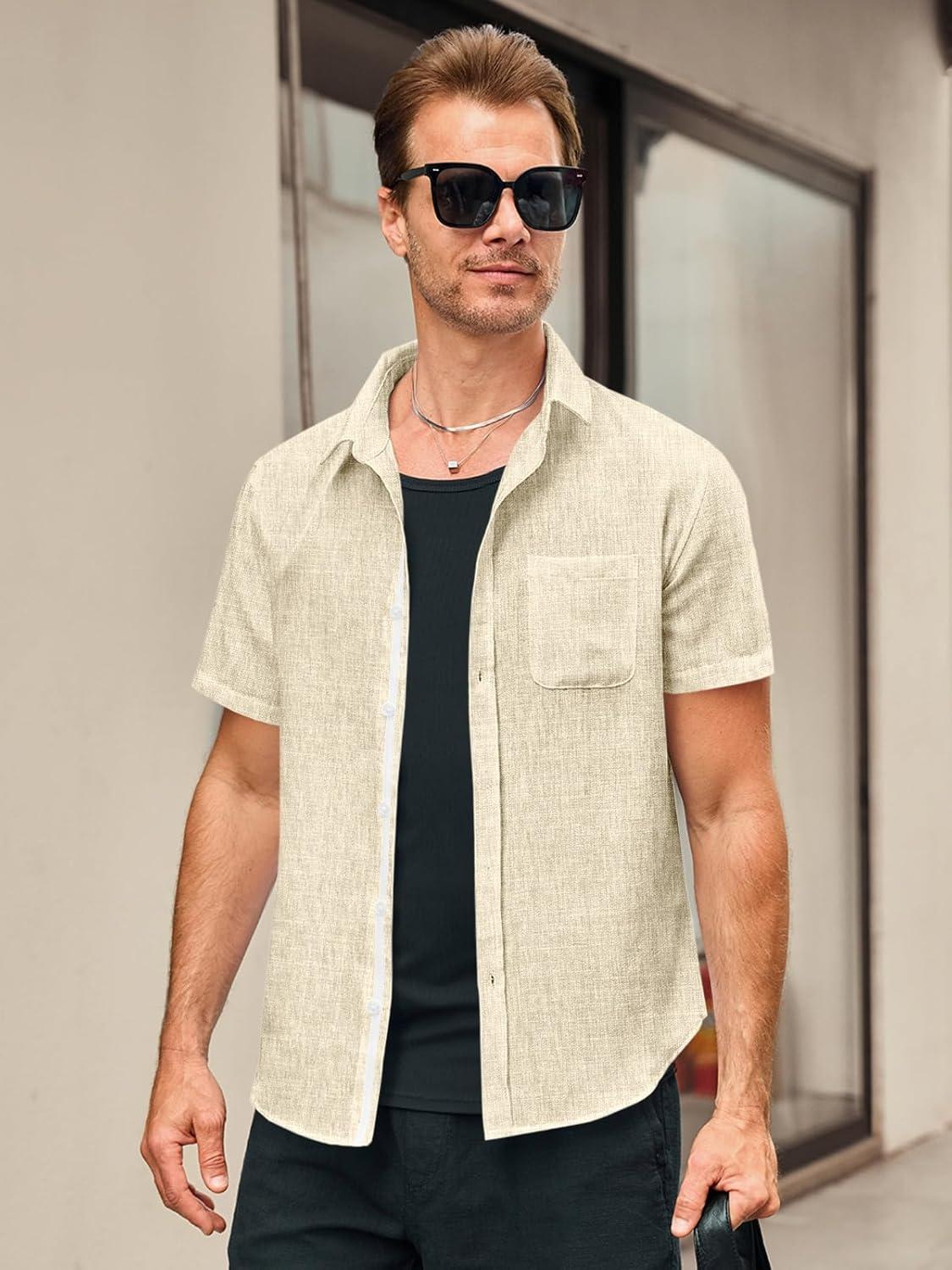 imageRuncati Mens Linen Button Down Shirts Casual Short Sleeve Shirt Summer Beach Wedding Tops with PocketBeige