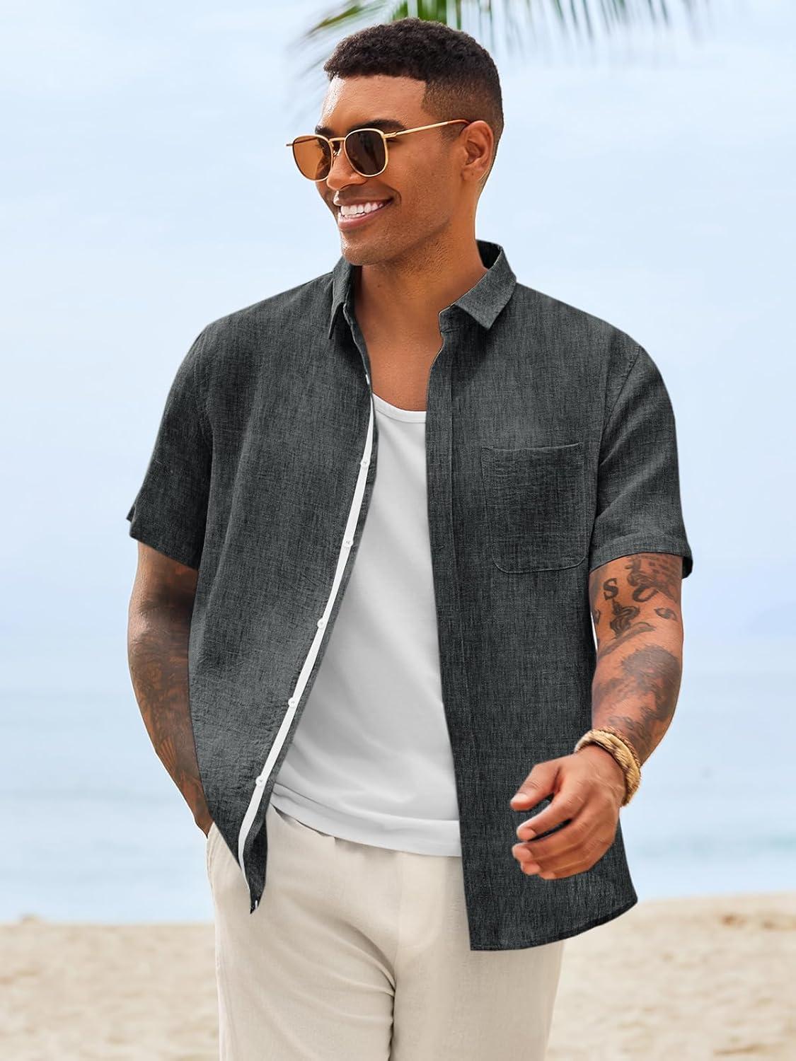 imageRuncati Mens Linen Button Down Shirts Casual Short Sleeve Shirt Summer Beach Wedding Tops with PocketBlack