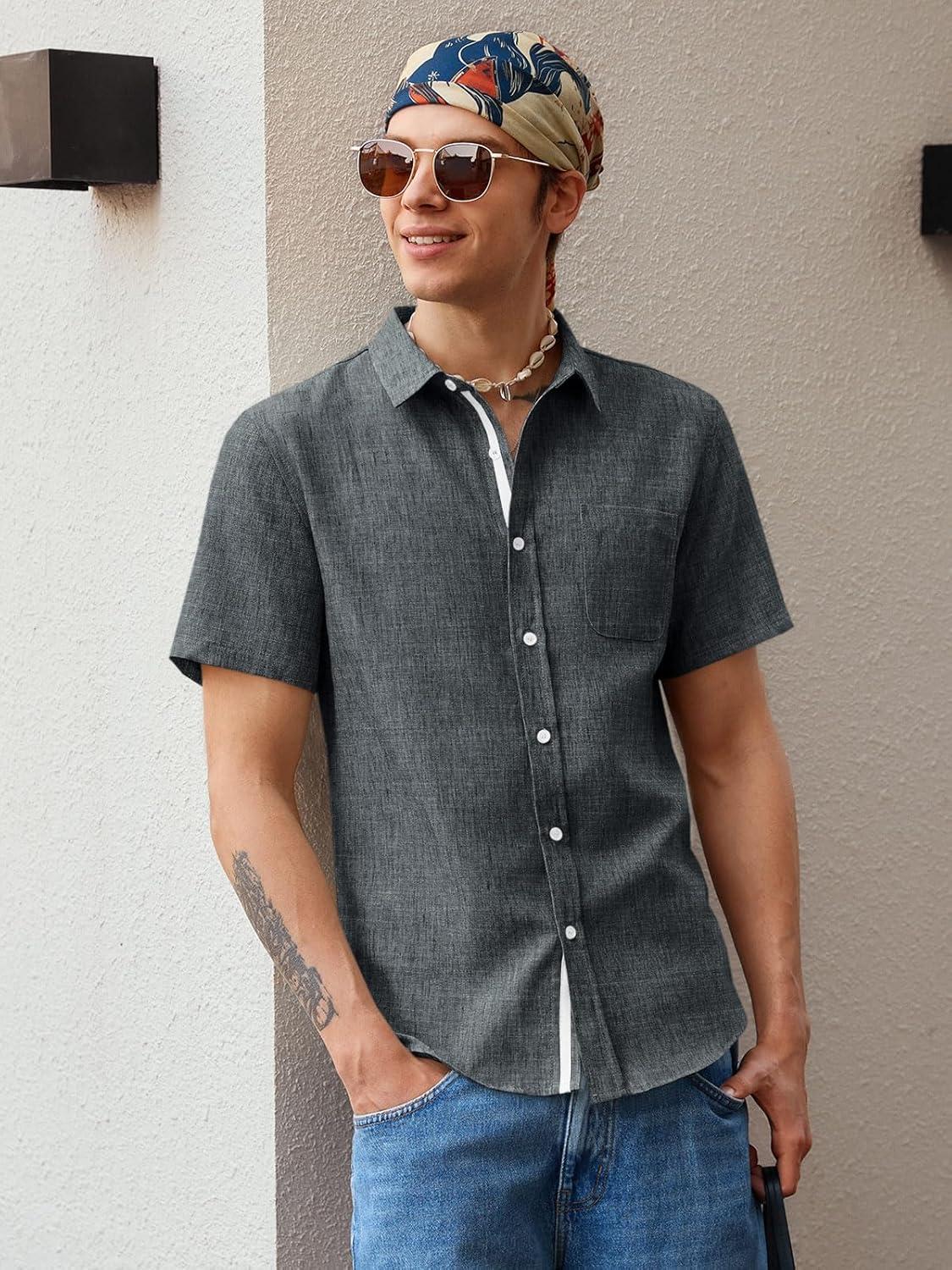 imageRuncati Mens Linen Button Down Shirts Casual Short Sleeve Shirt Summer Beach Wedding Tops with PocketBlack