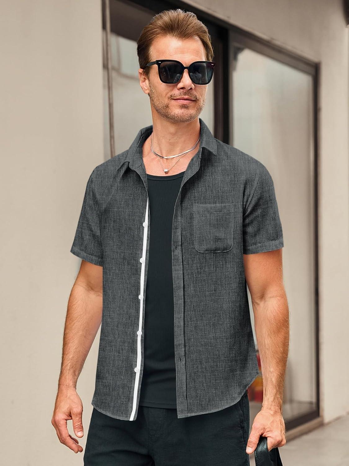 imageRuncati Mens Linen Button Down Shirts Casual Short Sleeve Shirt Summer Beach Wedding Tops with PocketBlack