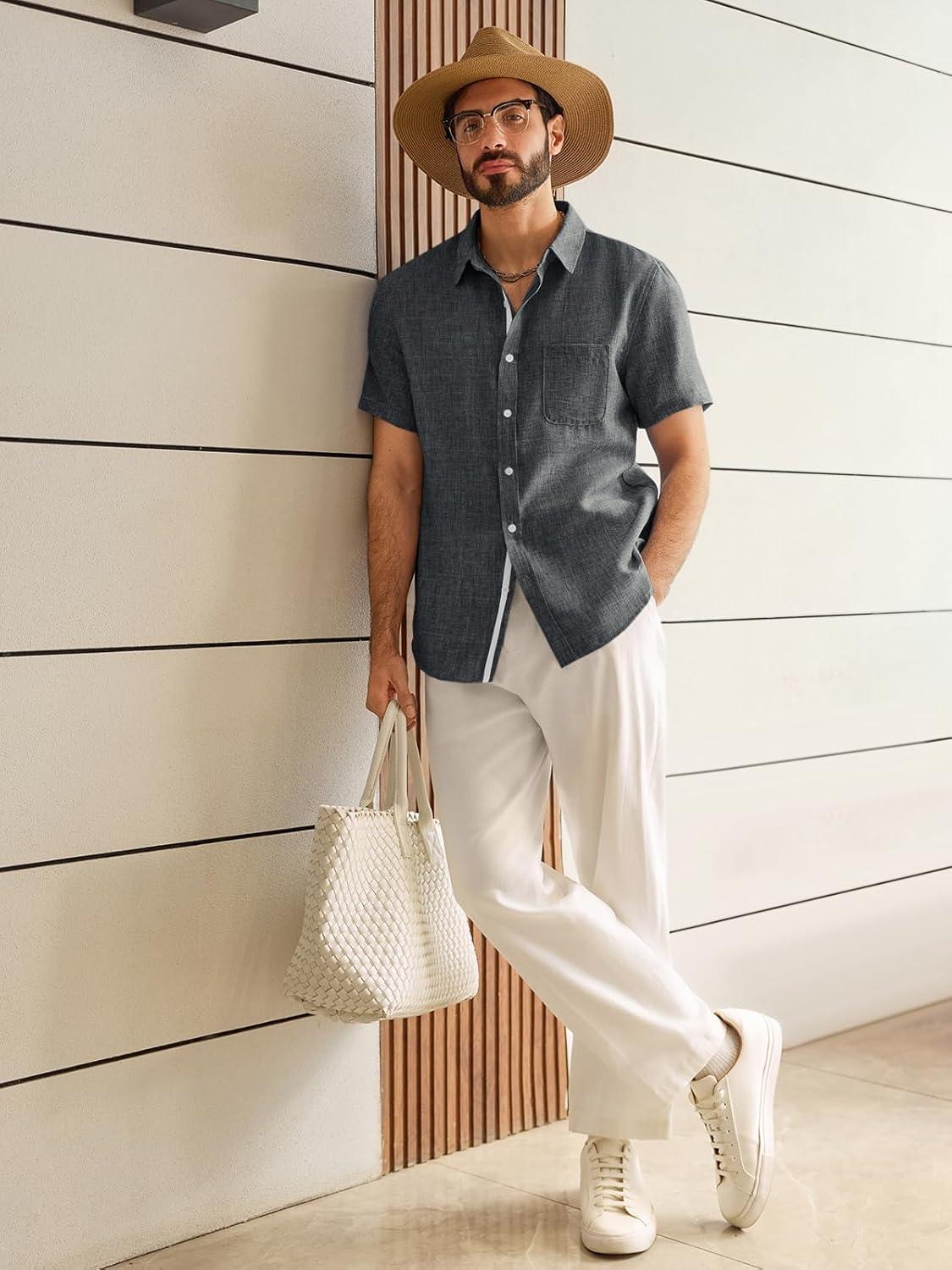 imageRuncati Mens Linen Button Down Shirts Casual Short Sleeve Shirt Summer Beach Wedding Tops with PocketBlack