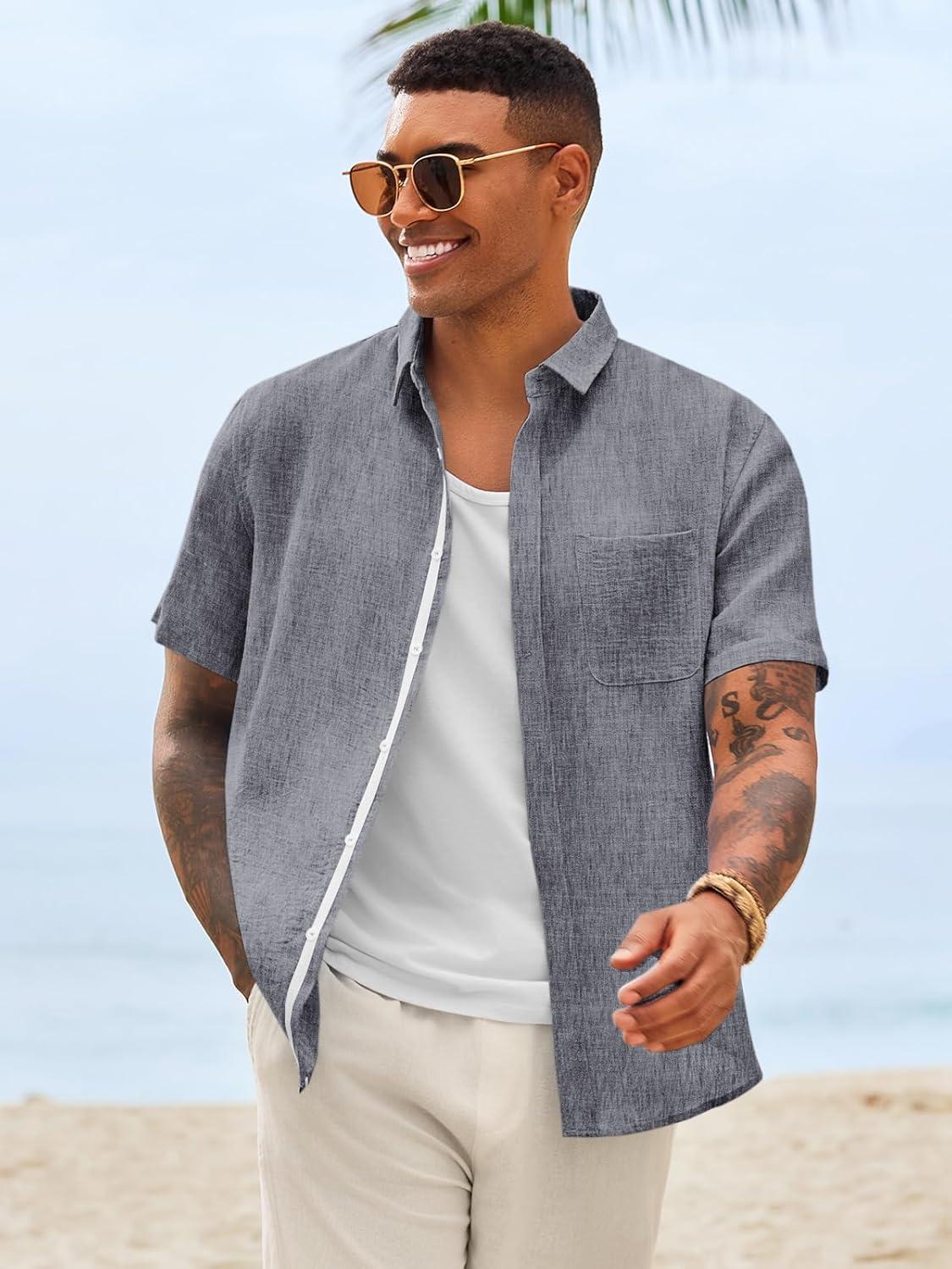 imageRuncati Mens Linen Button Down Shirts Casual Short Sleeve Shirt Summer Beach Wedding Tops with PocketGrey