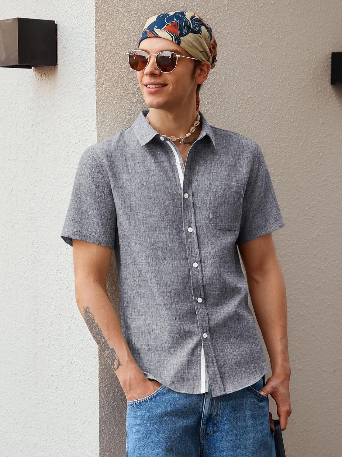 imageRuncati Mens Linen Button Down Shirts Casual Short Sleeve Shirt Summer Beach Wedding Tops with PocketGrey