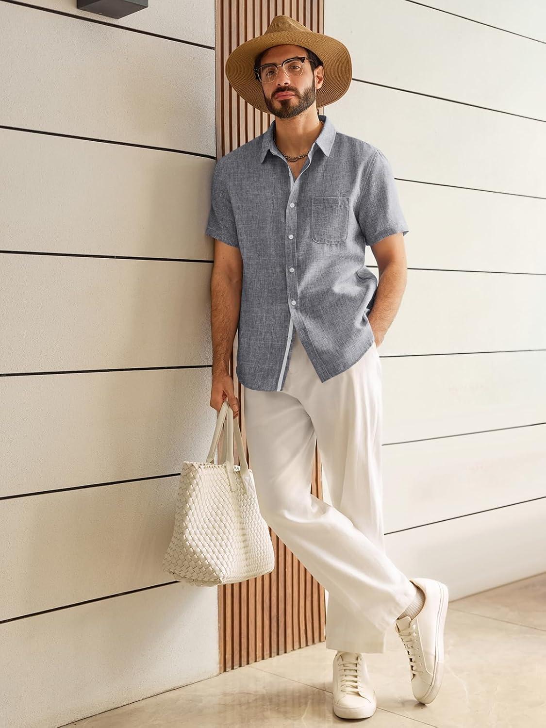 imageRuncati Mens Linen Button Down Shirts Casual Short Sleeve Shirt Summer Beach Wedding Tops with PocketGrey