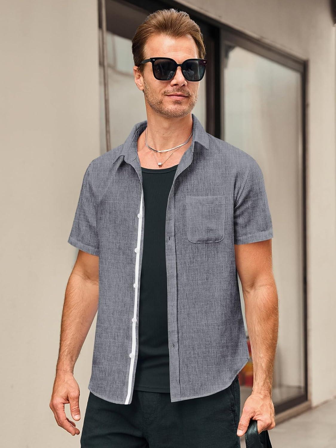 imageRuncati Mens Linen Button Down Shirts Casual Short Sleeve Shirt Summer Beach Wedding Tops with PocketGrey