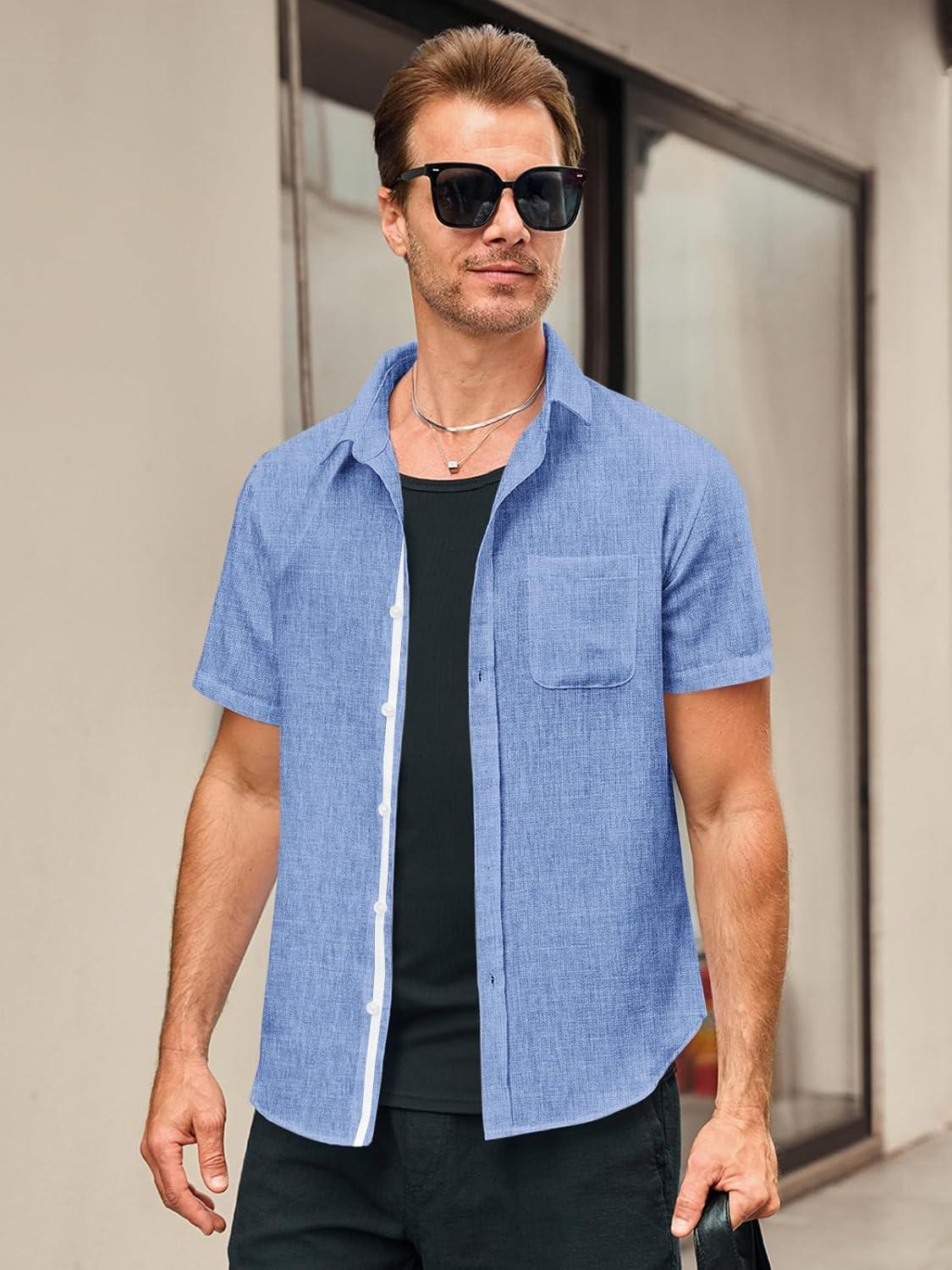imageRuncati Mens Linen Button Down Shirts Casual Short Sleeve Shirt Summer Beach Wedding Tops with PocketJean Blue