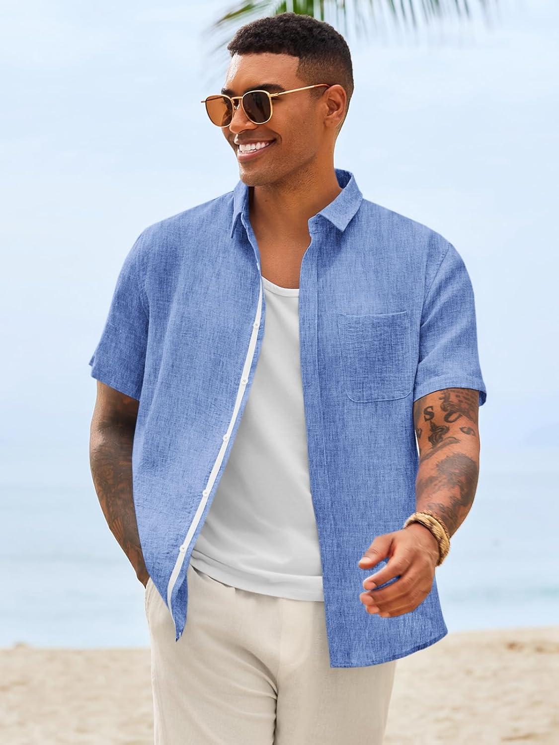 imageRuncati Mens Linen Button Down Shirts Casual Short Sleeve Shirt Summer Beach Wedding Tops with PocketJean Blue