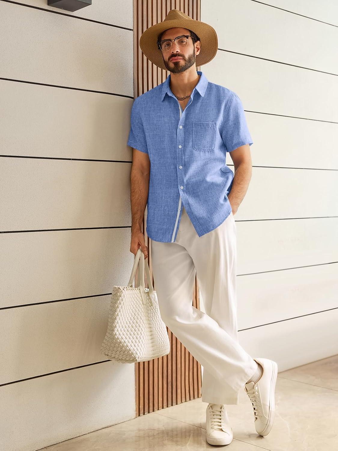 imageRuncati Mens Linen Button Down Shirts Casual Short Sleeve Shirt Summer Beach Wedding Tops with PocketJean Blue
