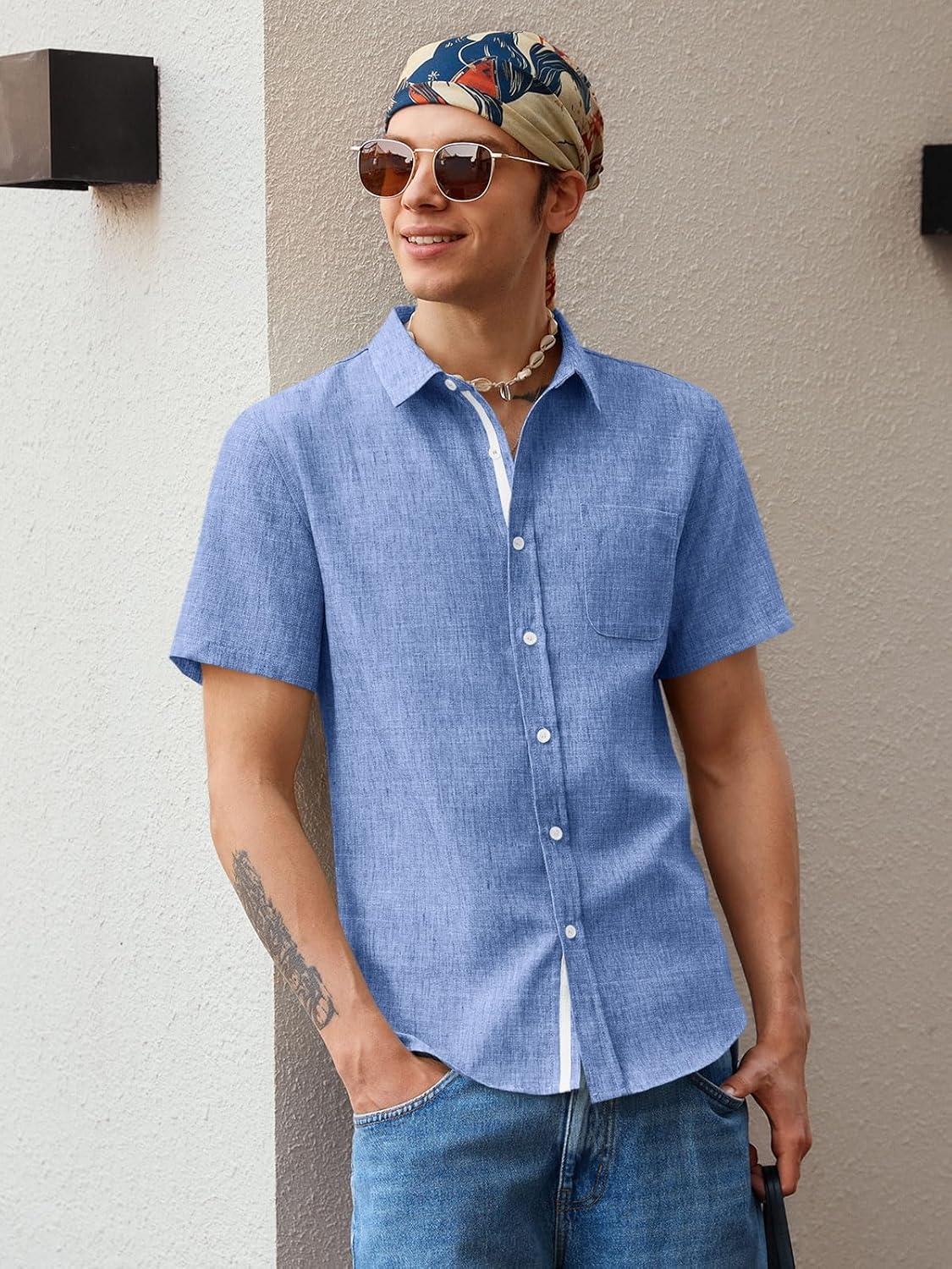 imageRuncati Mens Linen Button Down Shirts Casual Short Sleeve Shirt Summer Beach Wedding Tops with PocketJean Blue
