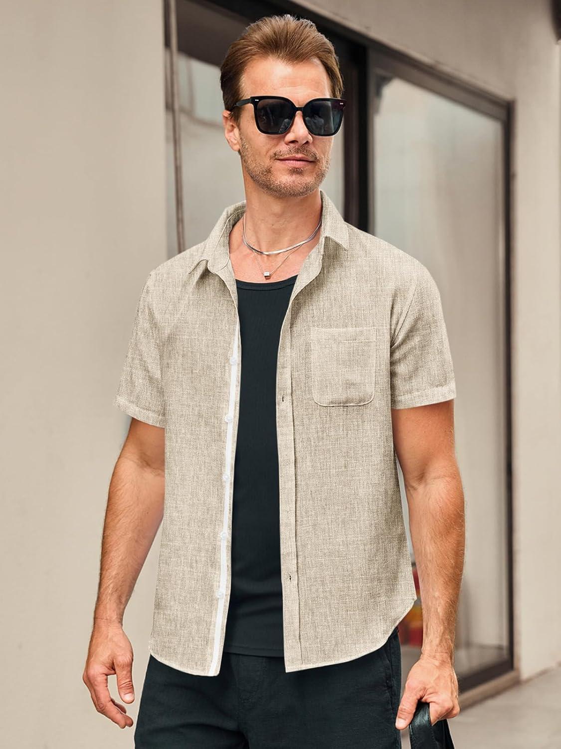 imageRuncati Mens Linen Button Down Shirts Casual Short Sleeve Shirt Summer Beach Wedding Tops with PocketKhaki