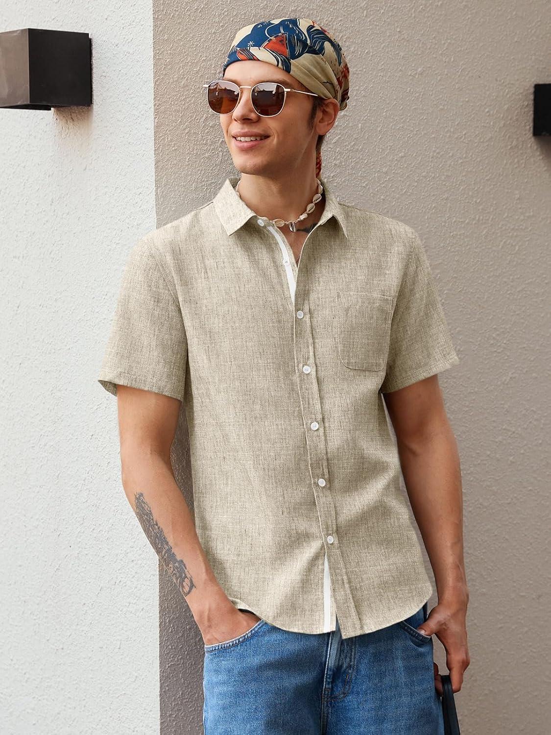 imageRuncati Mens Linen Button Down Shirts Casual Short Sleeve Shirt Summer Beach Wedding Tops with PocketKhaki