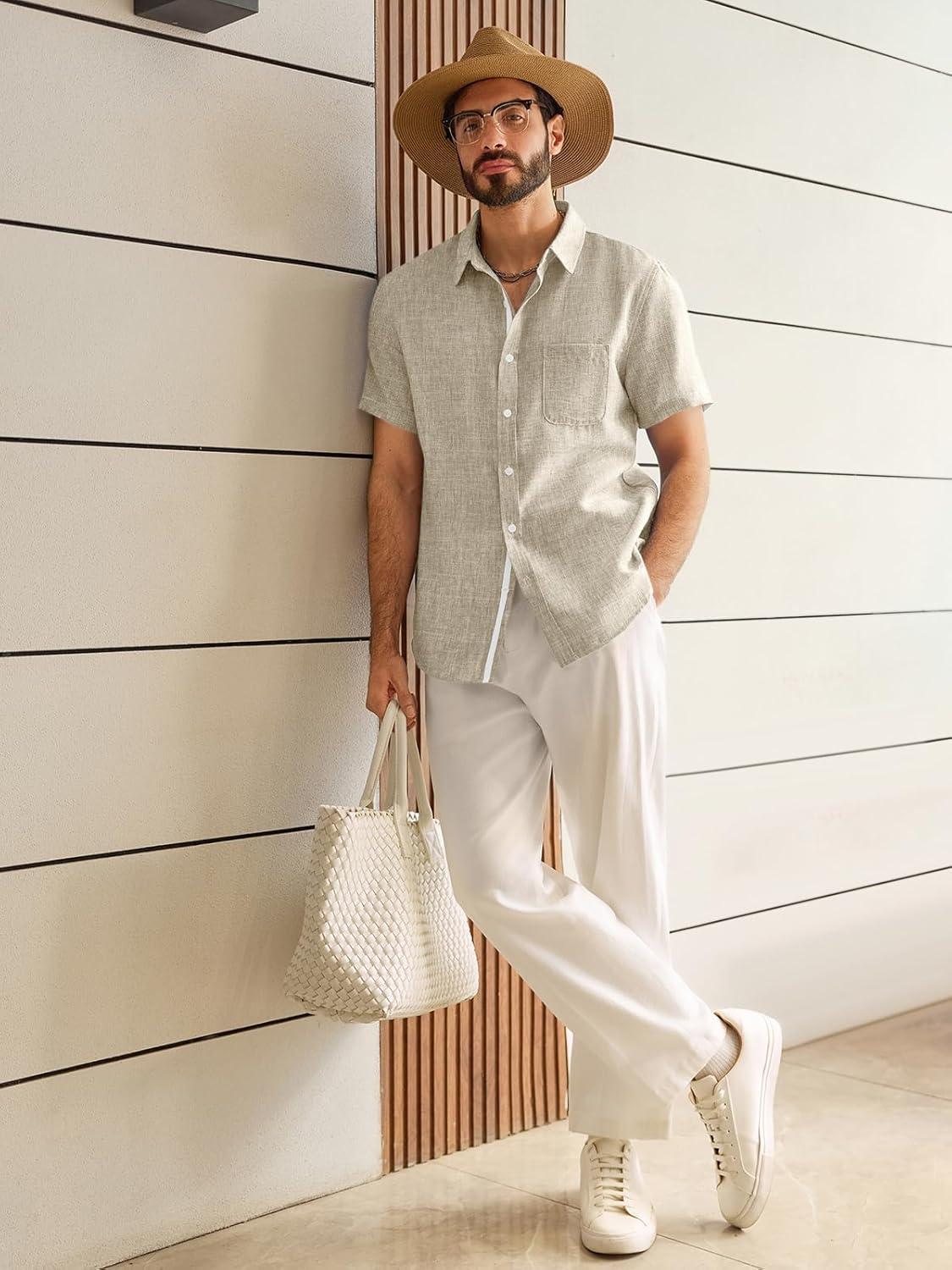 imageRuncati Mens Linen Button Down Shirts Casual Short Sleeve Shirt Summer Beach Wedding Tops with PocketKhaki