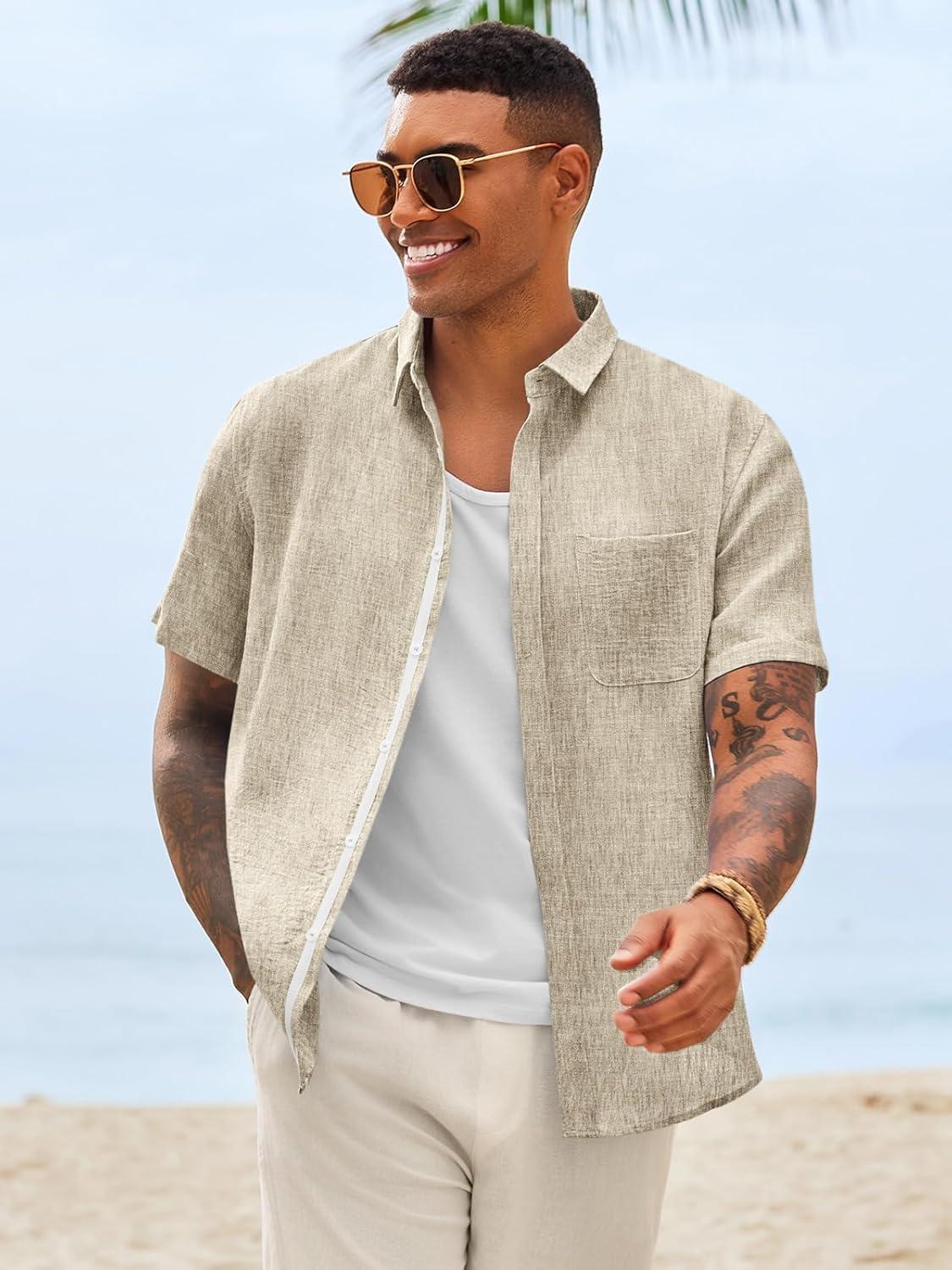 imageRuncati Mens Linen Button Down Shirts Casual Short Sleeve Shirt Summer Beach Wedding Tops with PocketKhaki