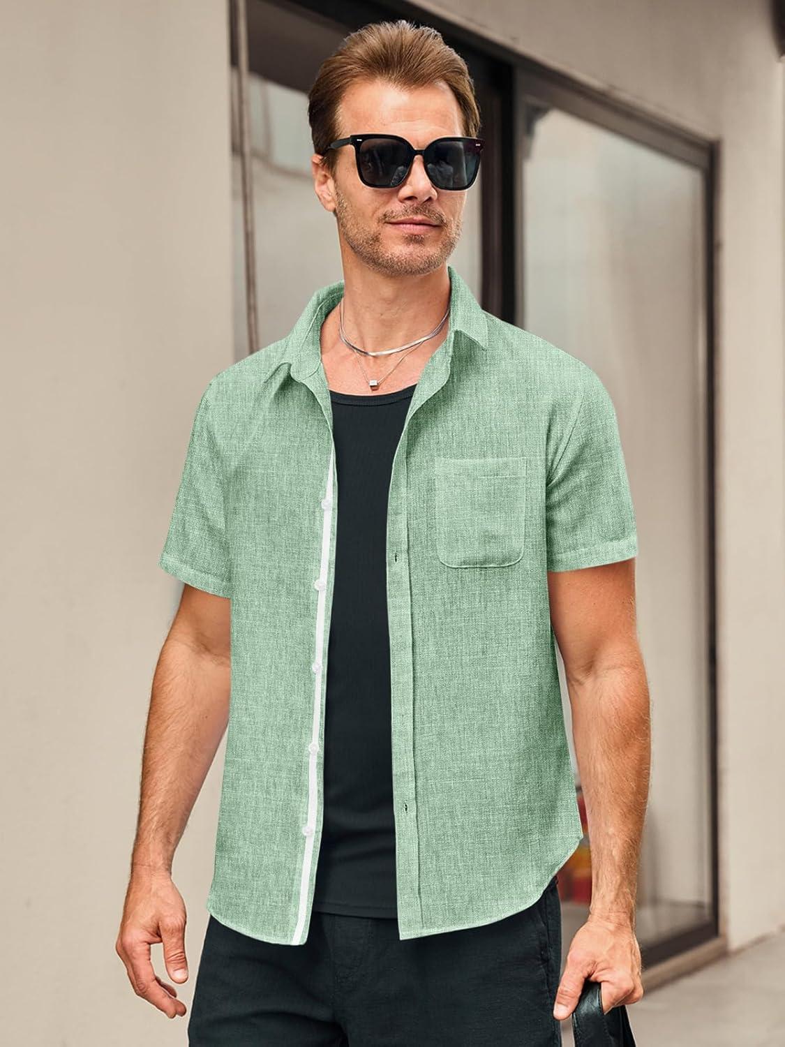 imageRuncati Mens Linen Button Down Shirts Casual Short Sleeve Shirt Summer Beach Wedding Tops with PocketOlive Green