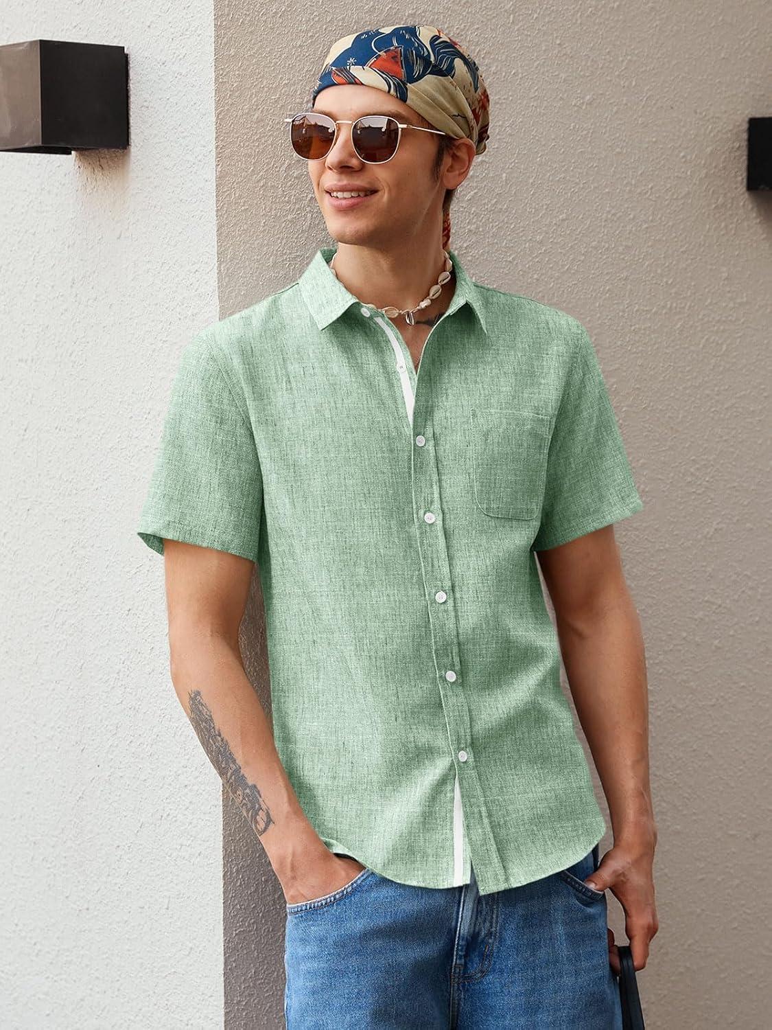 imageRuncati Mens Linen Button Down Shirts Casual Short Sleeve Shirt Summer Beach Wedding Tops with PocketOlive Green