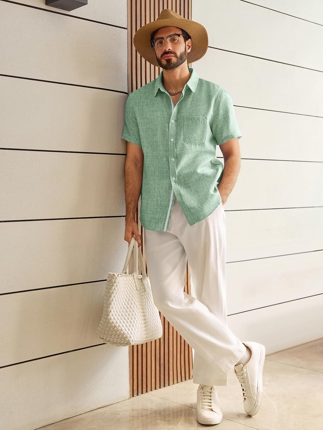 imageRuncati Mens Linen Button Down Shirts Casual Short Sleeve Shirt Summer Beach Wedding Tops with PocketOlive Green