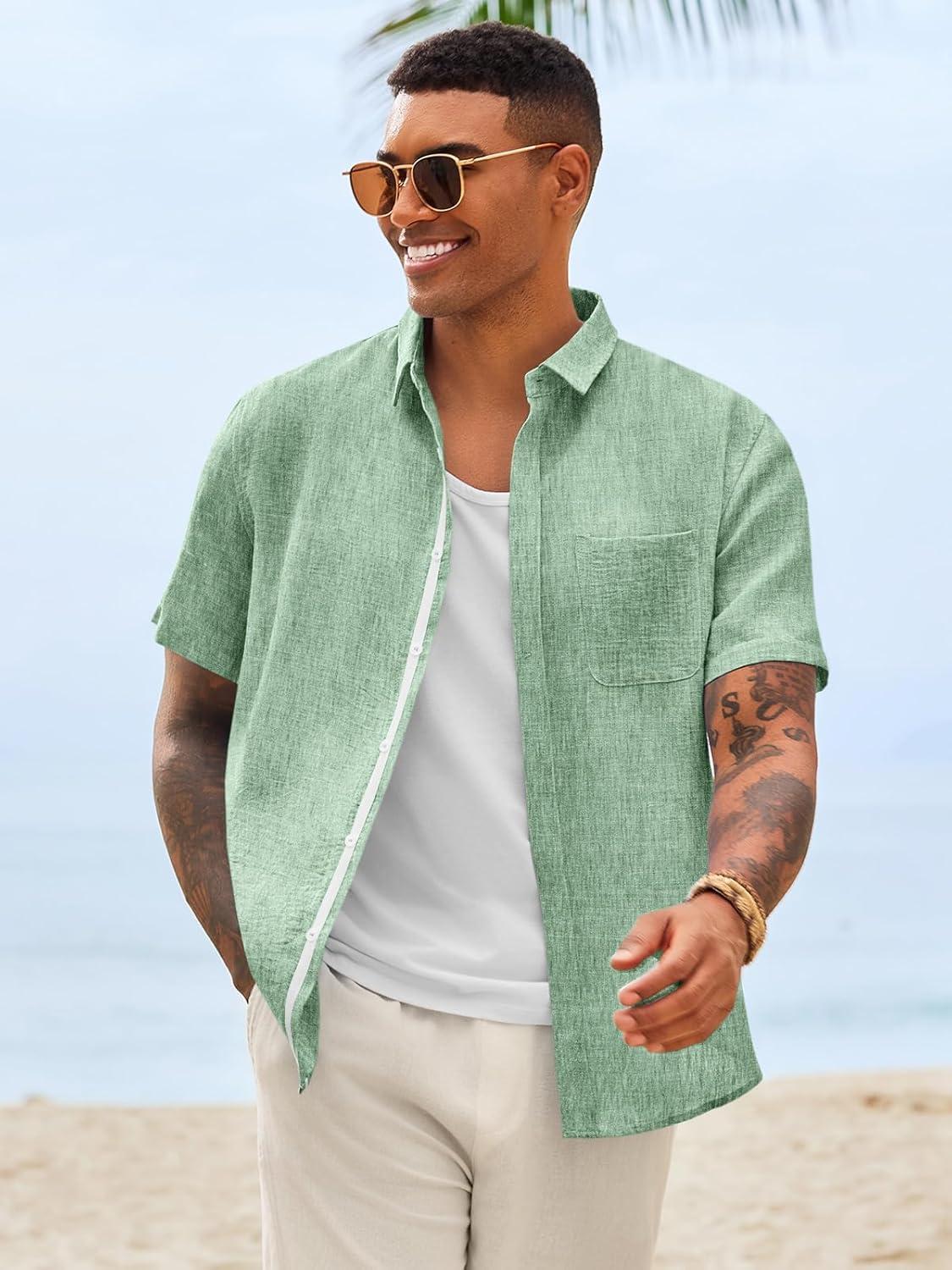 imageRuncati Mens Linen Button Down Shirts Casual Short Sleeve Shirt Summer Beach Wedding Tops with PocketOlive Green