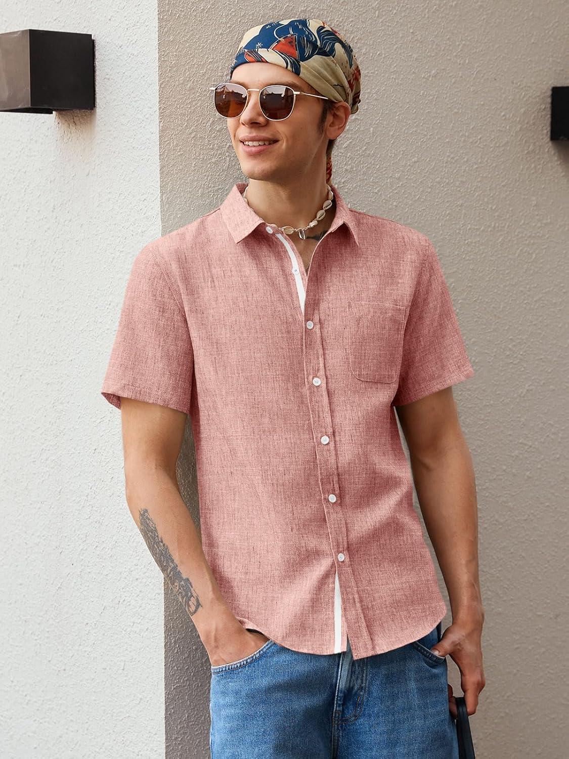 imageRuncati Mens Linen Button Down Shirts Casual Short Sleeve Shirt Summer Beach Wedding Tops with PocketPink
