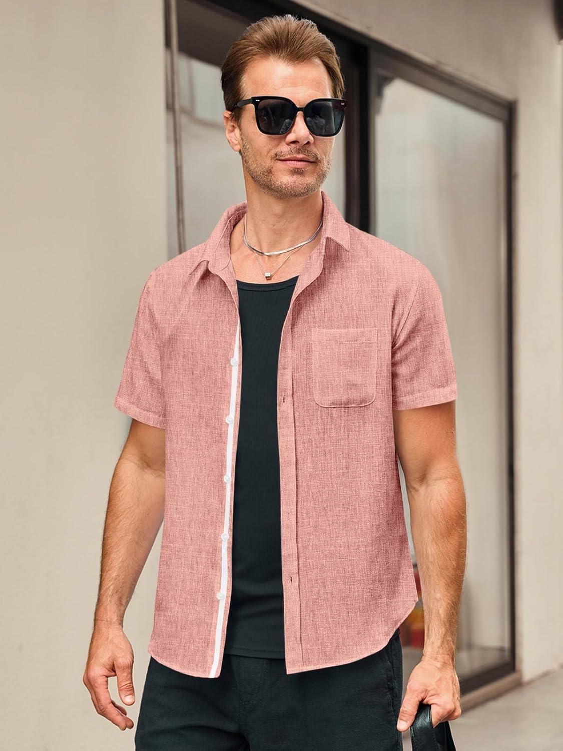 imageRuncati Mens Linen Button Down Shirts Casual Short Sleeve Shirt Summer Beach Wedding Tops with PocketPink