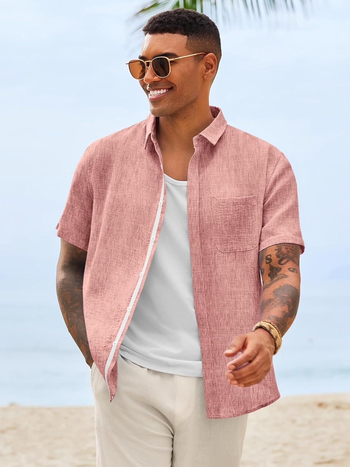 imageRuncati Mens Linen Button Down Shirts Casual Short Sleeve Shirt Summer Beach Wedding Tops with PocketPink