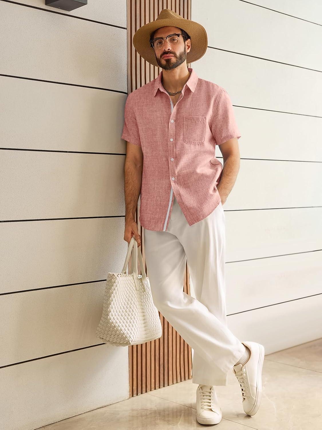 imageRuncati Mens Linen Button Down Shirts Casual Short Sleeve Shirt Summer Beach Wedding Tops with PocketPink