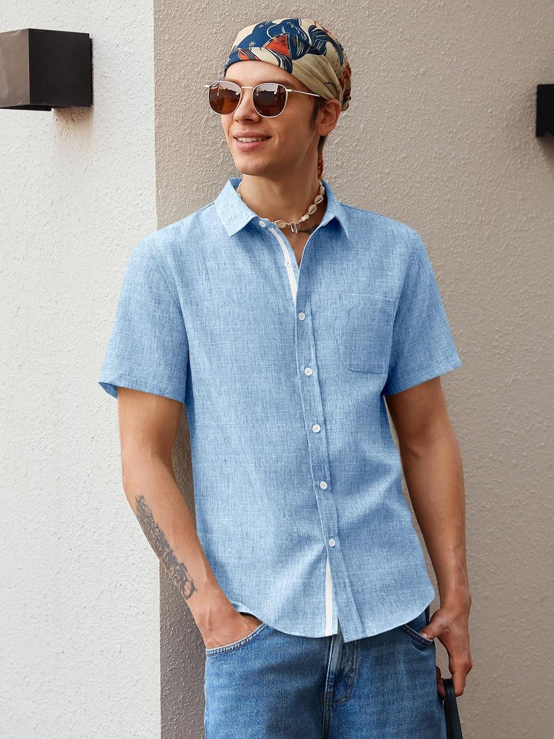 imageRuncati Mens Linen Button Down Shirts Casual Short Sleeve Shirt Summer Beach Wedding Tops with PocketSky Blue