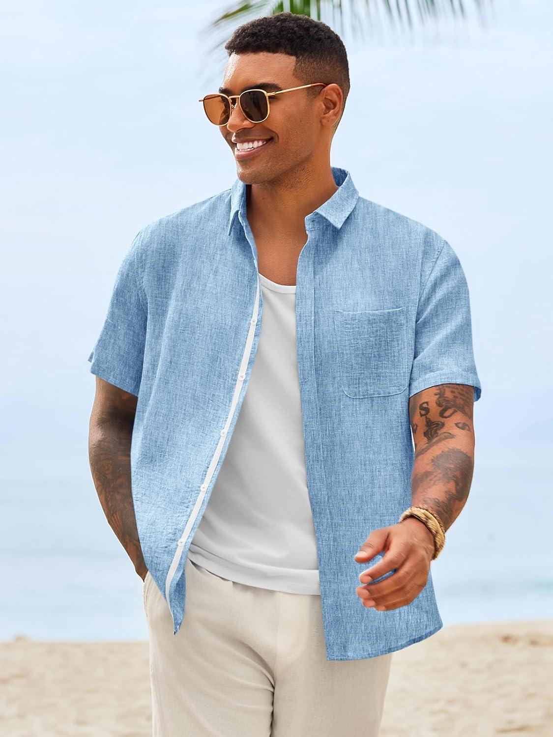 imageRuncati Mens Linen Button Down Shirts Casual Short Sleeve Shirt Summer Beach Wedding Tops with PocketSky Blue