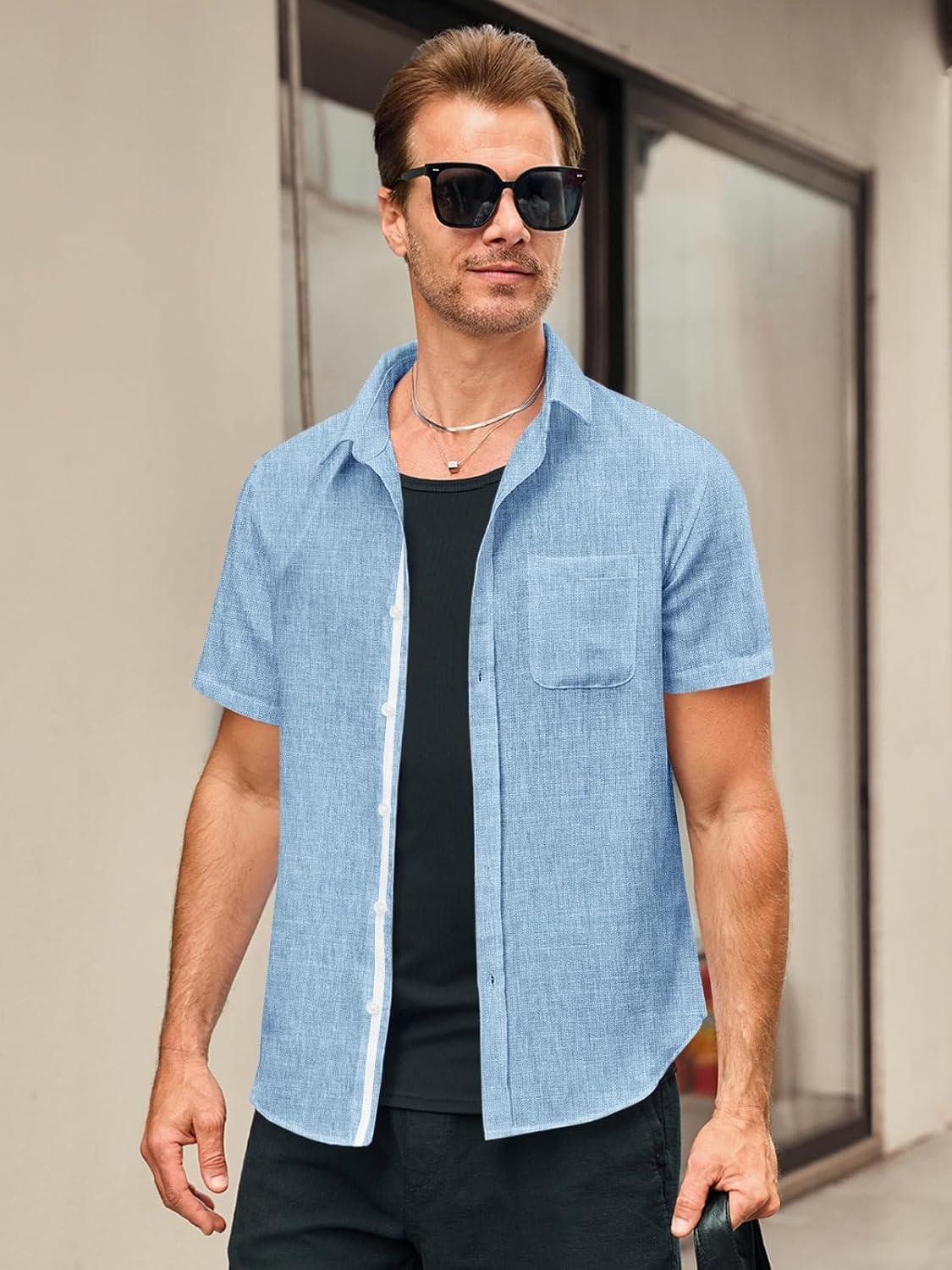 imageRuncati Mens Linen Button Down Shirts Casual Short Sleeve Shirt Summer Beach Wedding Tops with PocketSky Blue