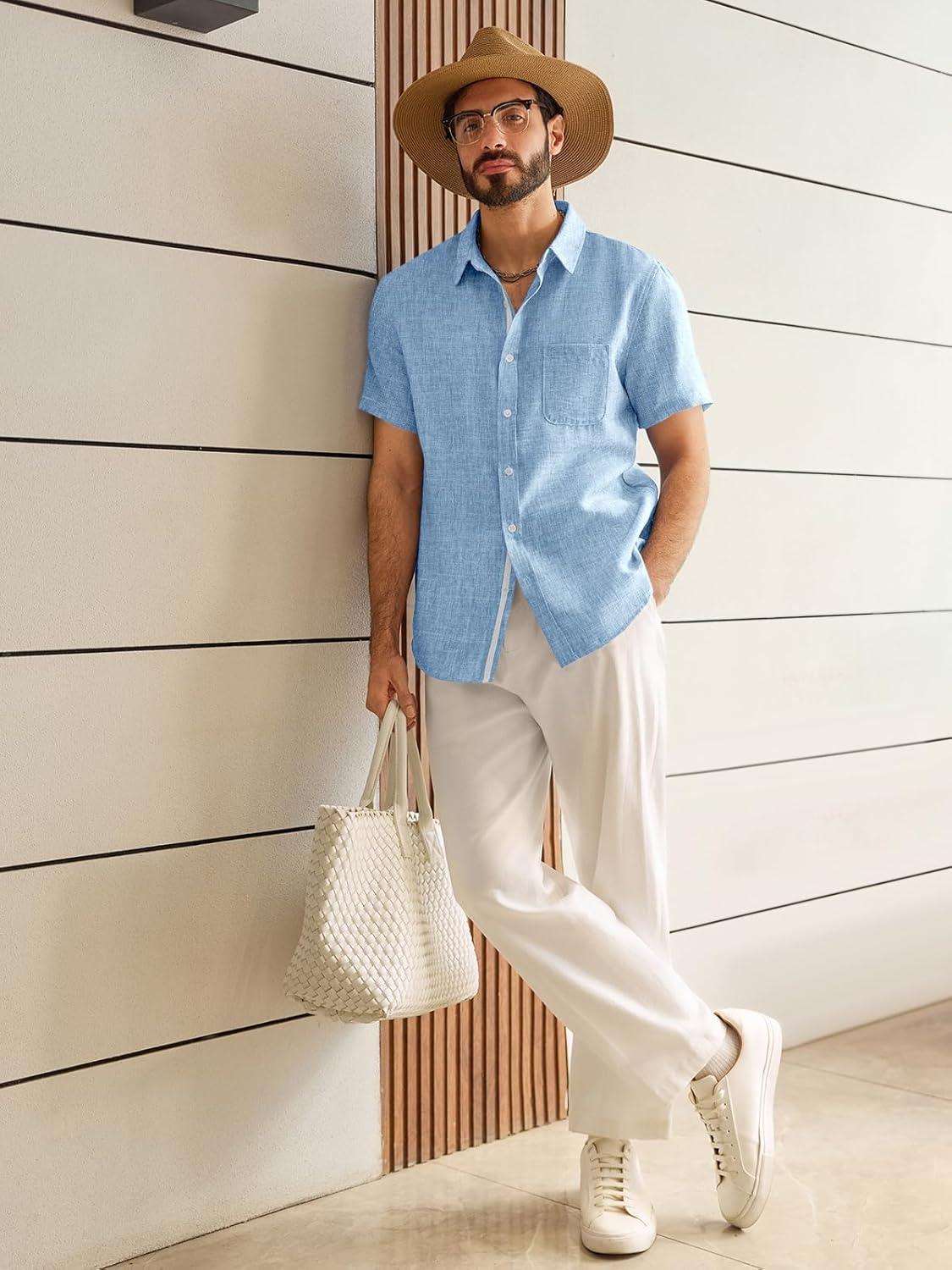 imageRuncati Mens Linen Button Down Shirts Casual Short Sleeve Shirt Summer Beach Wedding Tops with PocketSky Blue