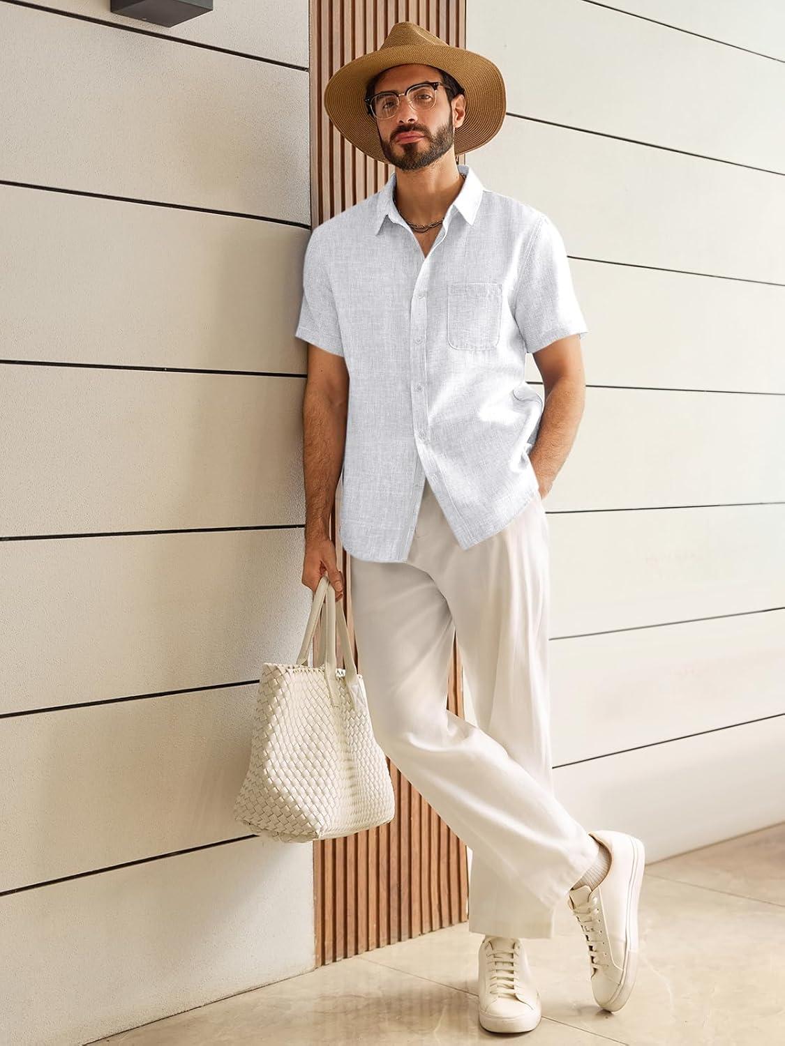 imageRuncati Mens Linen Button Down Shirts Casual Short Sleeve Shirt Summer Beach Wedding Tops with PocketWhite