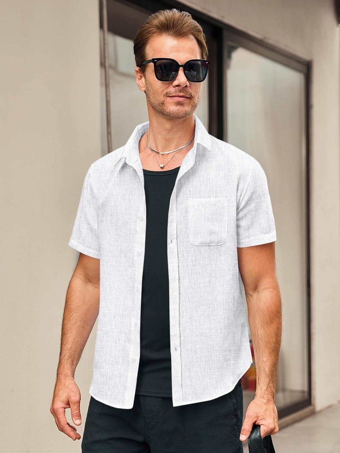 imageRuncati Mens Linen Button Down Shirts Casual Short Sleeve Shirt Summer Beach Wedding Tops with PocketWhite