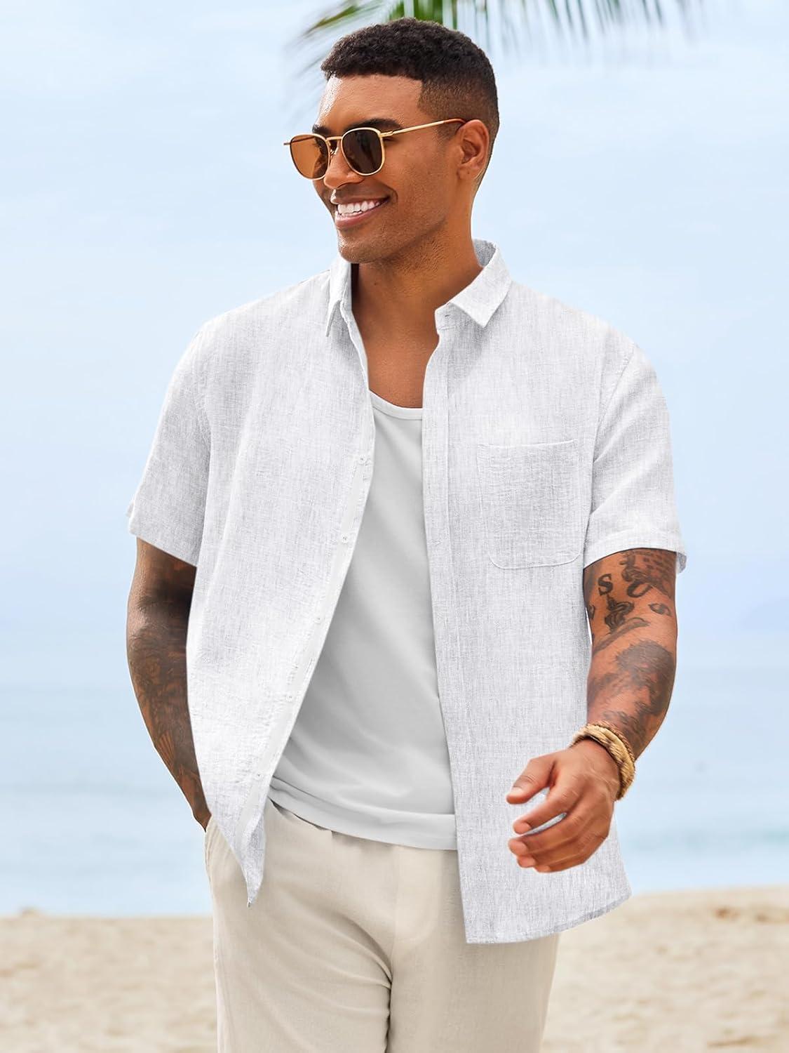 imageRuncati Mens Linen Button Down Shirts Casual Short Sleeve Shirt Summer Beach Wedding Tops with PocketWhite