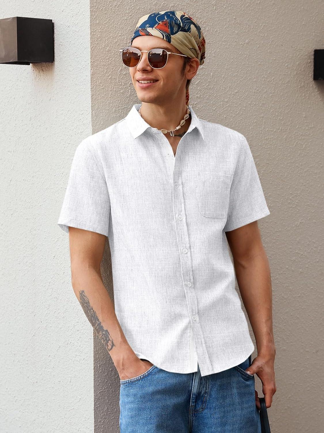 imageRuncati Mens Linen Button Down Shirts Casual Short Sleeve Shirt Summer Beach Wedding Tops with PocketWhite