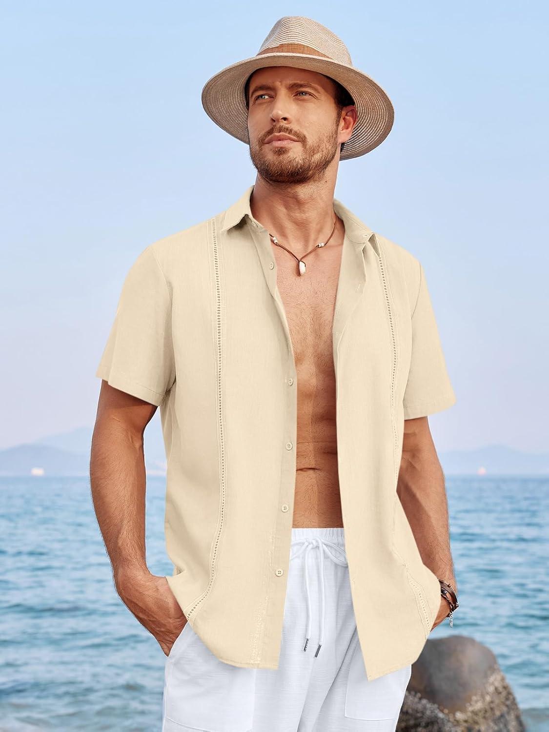imageRuncati Mens Linen Cuban Guayabera Shirts Button Down Short Sleeve Shirt Cotton Hippie Summer Beach Vacation ShirtsKhaki