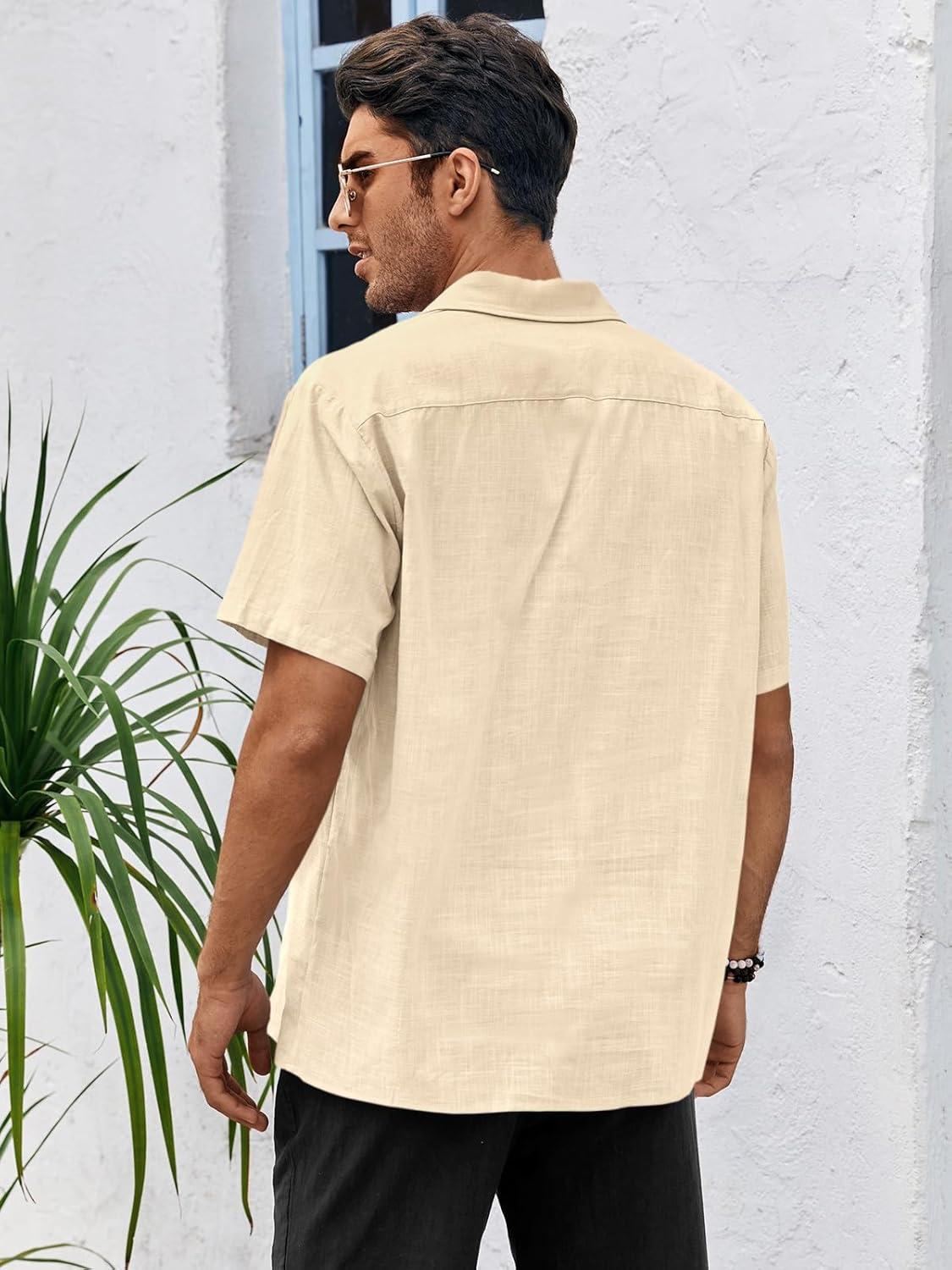 imageRuncati Mens Linen Cuban Guayabera Shirts Button Down Short Sleeve Shirt Cotton Hippie Summer Beach Vacation ShirtsKhaki