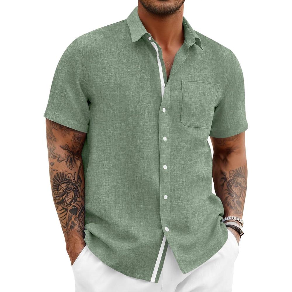 imageRuncati Mens Linen Button Down Shirts Casual Short Sleeve Shirt Summer Beach Wedding Tops with PocketArmy Green