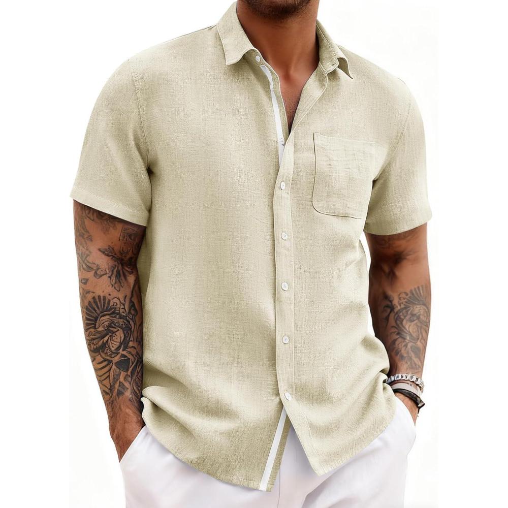 imageRuncati Mens Linen Button Down Shirts Casual Short Sleeve Shirt Summer Beach Wedding Tops with PocketBeige