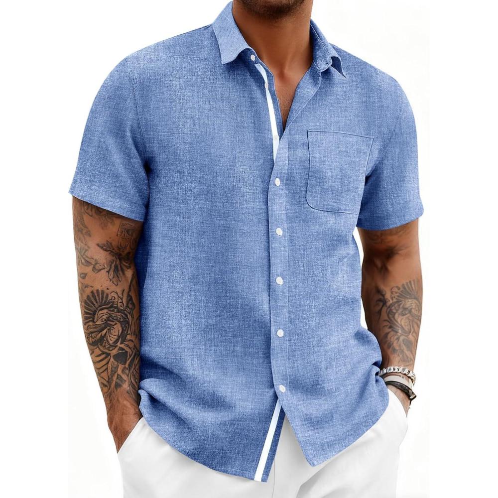 imageRuncati Mens Linen Button Down Shirts Casual Short Sleeve Shirt Summer Beach Wedding Tops with PocketJean Blue