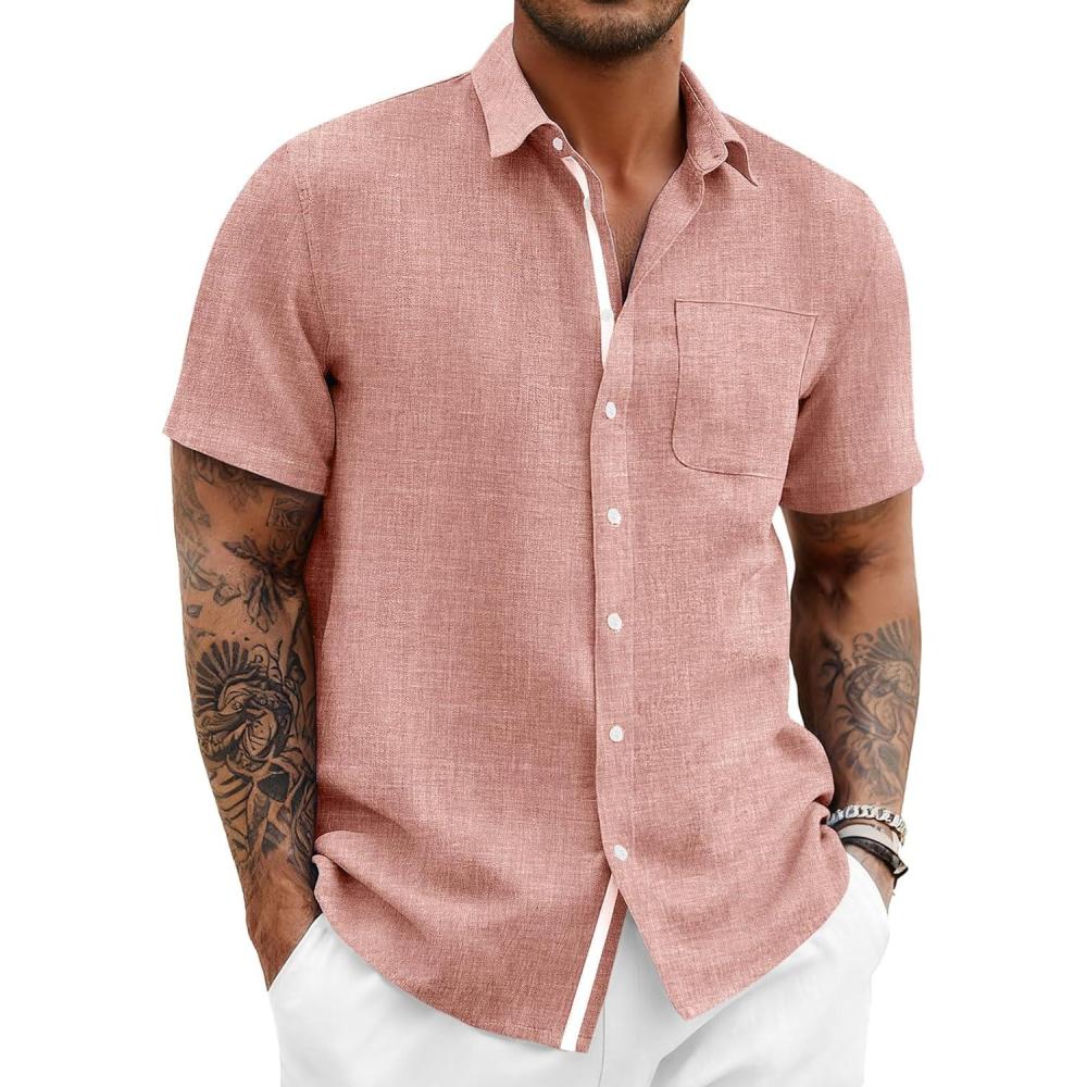 imageRuncati Mens Linen Button Down Shirts Casual Short Sleeve Shirt Summer Beach Wedding Tops with PocketPink